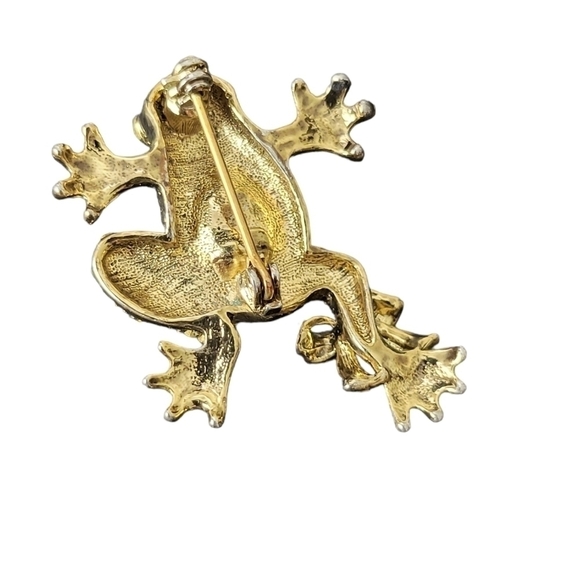 VINTAGE Gold Plated Rhinestone Green Frog Brooch - Picture 5 of 6
